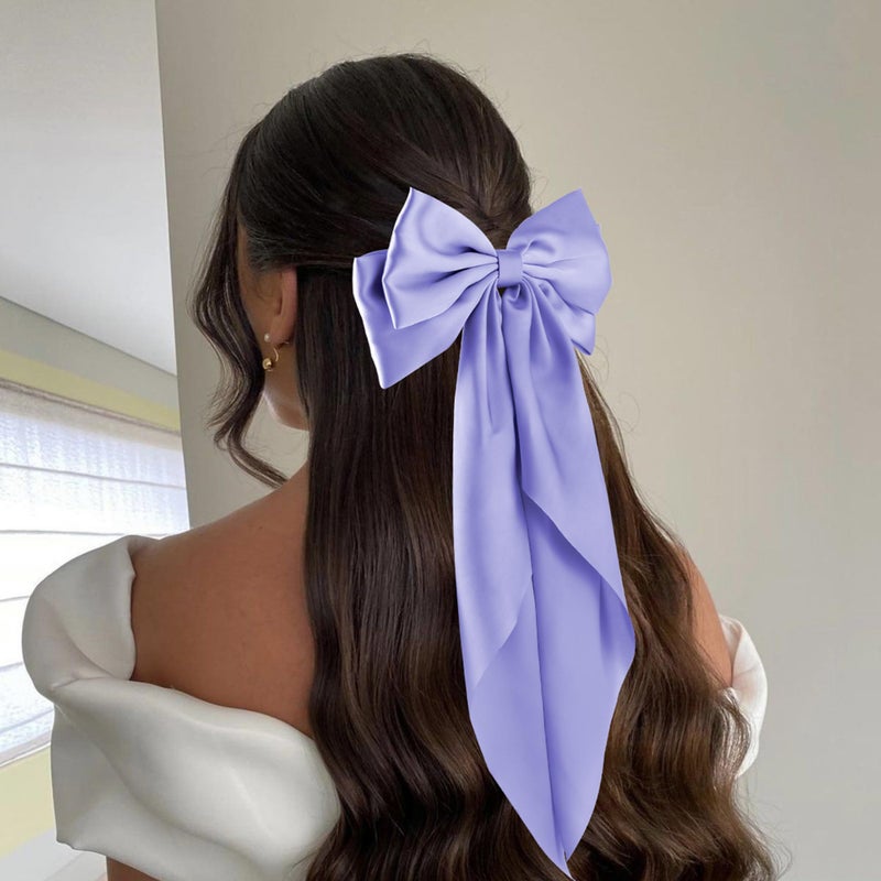 hisial 6Pcs Large Bows Hair Clips for Women Girls Long Tail Hair Ribbon Silky Satin Barrettes Coquette Hair Bows Accessories (Black/Bluegrey/Deepblue/Light Pink/Purple/Khaki) - Image 4