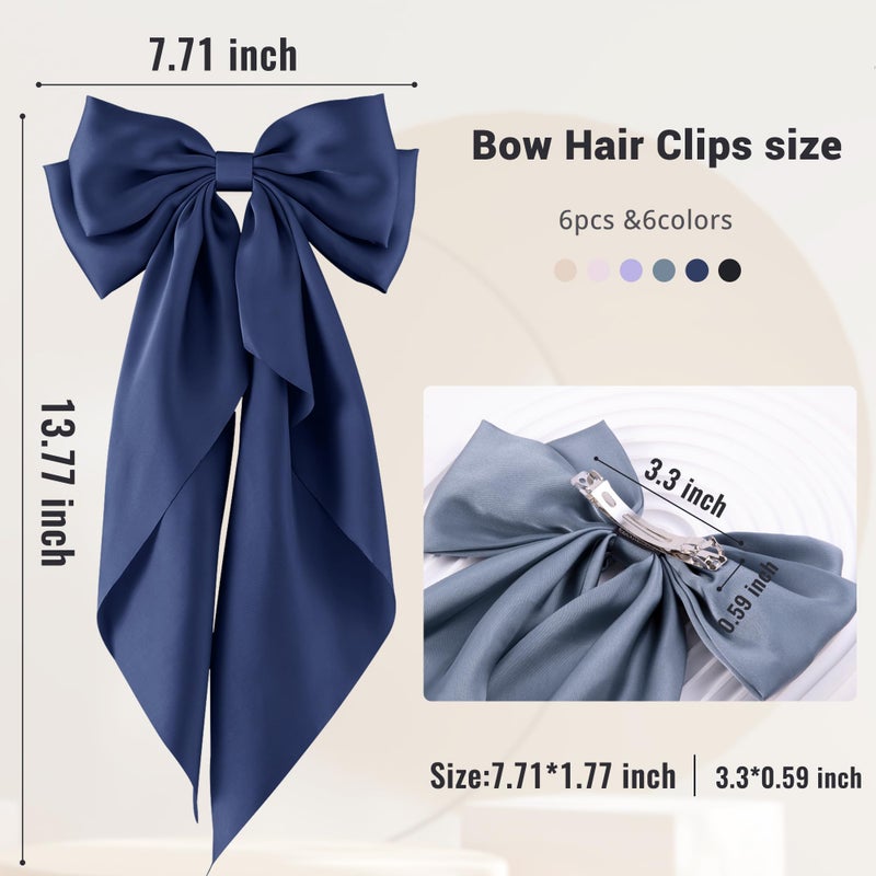hisial 6Pcs Large Bows Hair Clips for Women Girls Long Tail Hair Ribbon Silky Satin Barrettes Coquette Hair Bows Accessories (Black/Bluegrey/Deepblue/Light Pink/Purple/Khaki) - Image 2