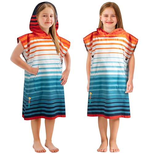 Suncube SUN CUBE Kids Surf Poncho, Hooded Changing Robe, Quick Dry, Absorbent, Lightweight Sand-Resistant Microfiber Wearable Towel, Beach & Pool Cover-Up for Boys & Girls (Ages 3-7, Orange Stripe) - Image 1