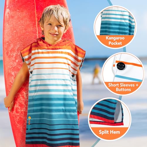 Suncube SUN CUBE Kids Surf Poncho, Hooded Changing Robe, Quick Dry, Absorbent, Lightweight Sand-Resistant Microfiber Wearable Towel, Beach & Pool Cover-Up for Boys & Girls (Ages 3-7, Orange Stripe) - Image 4