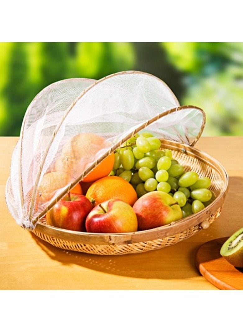 DubaiGallery Hand-Woven Food Serving Basket Dustproof Round Picnic Basket Food Tent Basket with Mesh Gauze Cover for Vegetable Fruit Bread  - Image 1