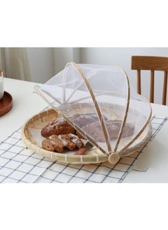 DubaiGallery Hand-Woven Food Serving Basket Dustproof Round Picnic Basket Food Tent Basket with Mesh Gauze Cover for Vegetable Fruit Bread  - Image 2