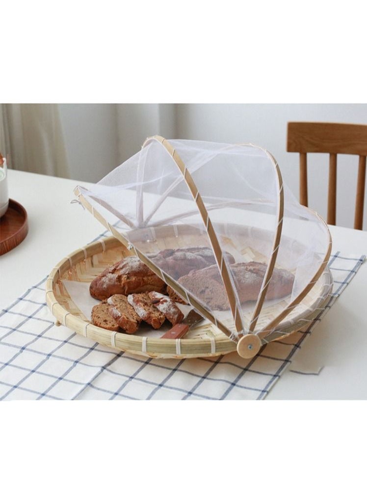 DubaiGallery Hand-Woven Food Serving Basket Dustproof Round Picnic Basket Food Tent Basket with Mesh Gauze Cover for Vegetable Fruit Bread  - Image 2