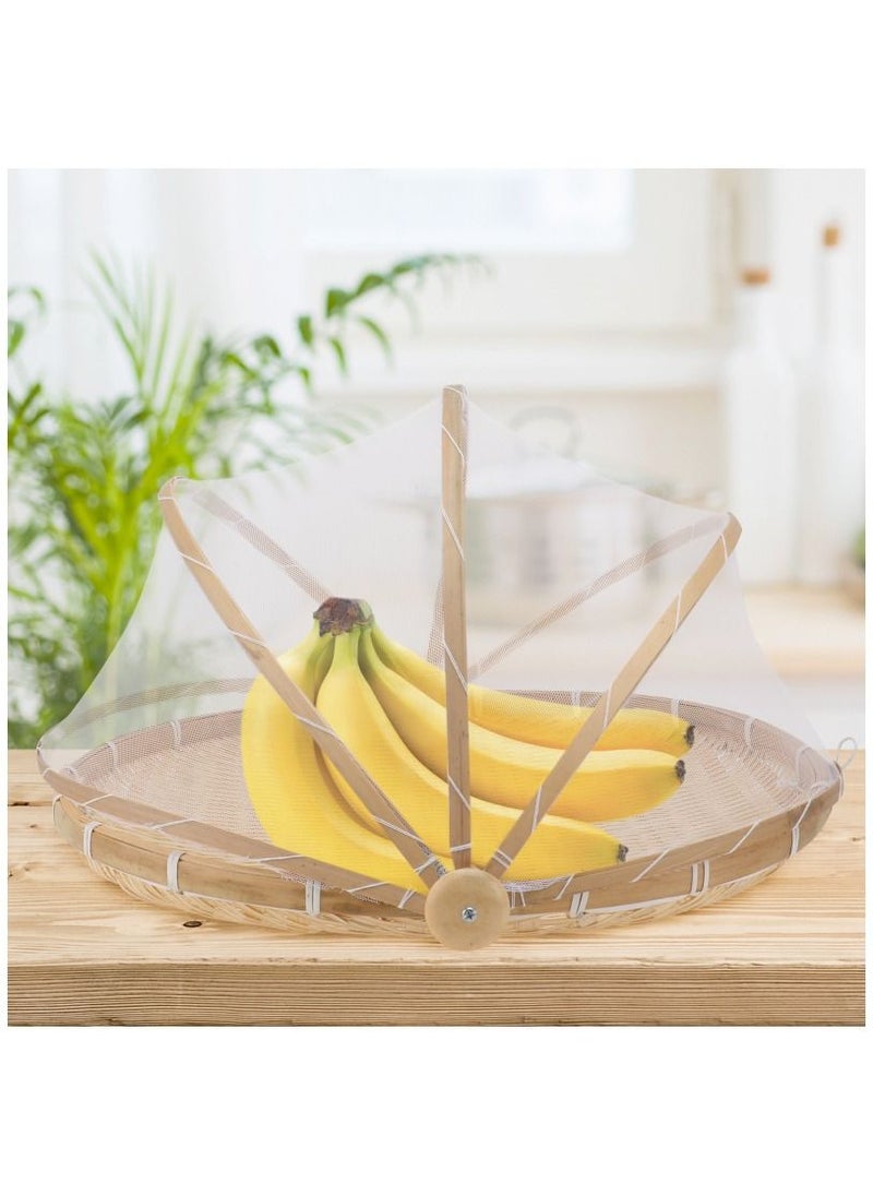 DubaiGallery Hand-Woven Food Serving Basket Dustproof Round Picnic Basket Food Tent Basket with Mesh Gauze Cover for Vegetable Fruit Bread  - Image 4