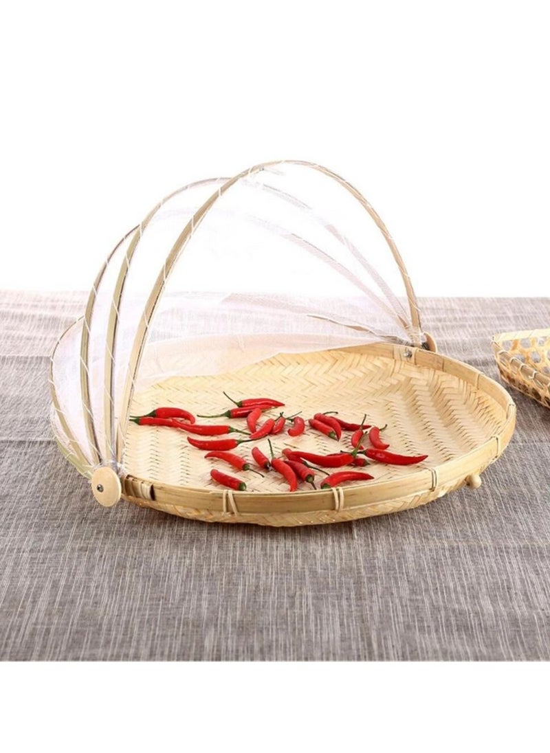 DubaiGallery Hand-Woven Food Serving Basket Dustproof Round Picnic Basket Food Tent Basket with Mesh Gauze Cover for Vegetable Fruit Bread  - Image 3