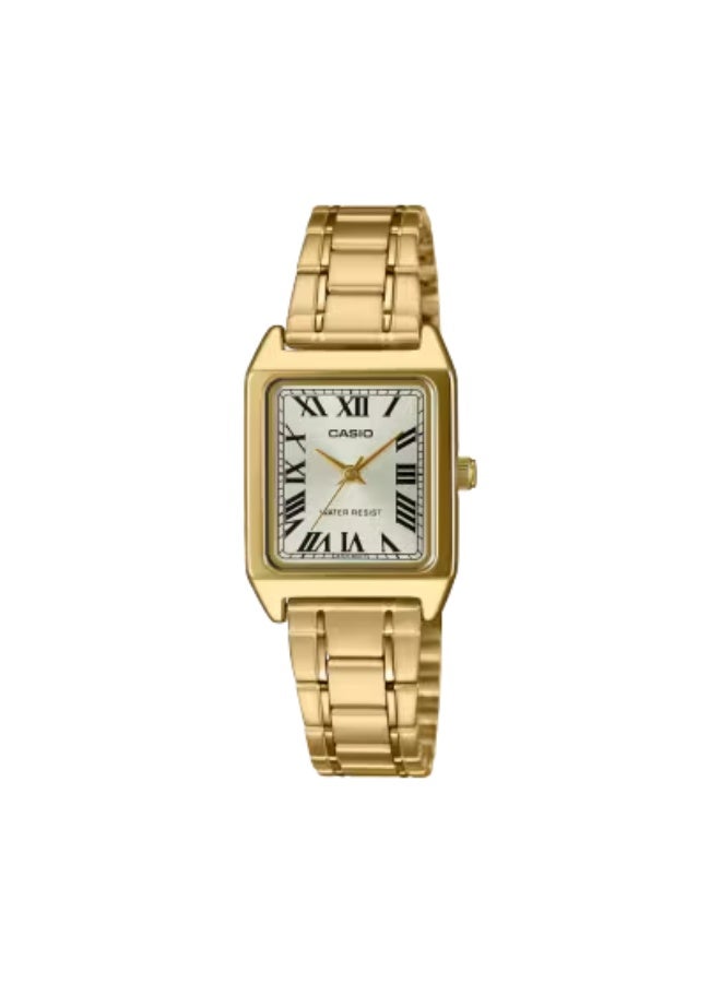 كاسيو ساعة كاسيو أنالوج للنساء | LTP-V007G-9BUDF | سوار ستانلس ستيل مطلي باللون الذهبي، قرص شامبين، هيكل مستطيل، مقاومة للماء ‎30 متر، ساعة كوارتز أنيقة بتصميم كلاسيكي فاخر