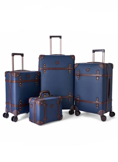 LIMRA Travel Bags Classic Leather Luggage 4 Pcs Set Blue /Dark Brown 28''-24''-20'''-14'''Inches