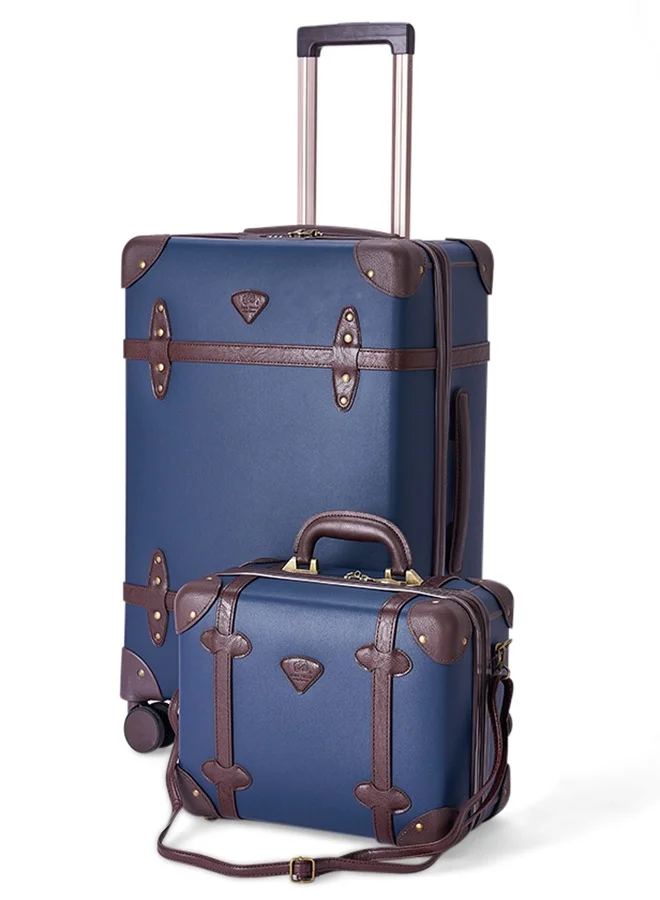LIMRA Travel Bags Classic Leather Luggage 4 Pcs Set Blue /Dark Brown 28''-24''-20'''-14'''Inches