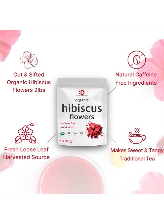 DEAL SUPPLEMENT زهور الكركديه العضوية المجففة، 2 رطل - أوراق كاملة مقطعة ومنخلة - مصدر الزهور من الأوراق السائبة - نكهة ورائحة خام، رائعة لإعادة تعبئة أكياس الشاي - خالية من الكافيين، بدون سكر، غير معدلة وراثيًا - Image 4