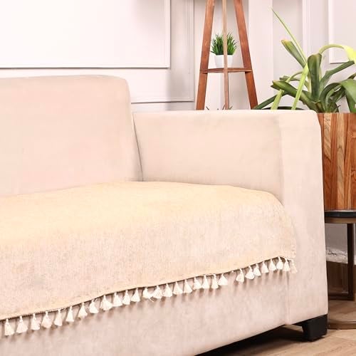 STITCHNEST Beige Chenille Sofa Cover 48x30 Inch – Soft, Durable & Textured Fabric with Tassels | Sofa for Living Room, Bedroom, or Drawing Room - Image 1