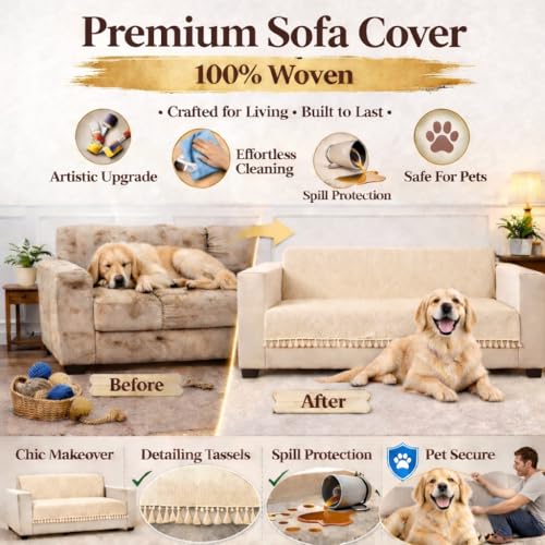 STITCHNEST Beige Chenille Sofa Cover 48x30 Inch – Soft, Durable & Textured Fabric with Tassels | Sofa for Living Room, Bedroom, or Drawing Room - Image 4