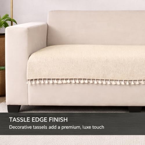 STITCHNEST Beige Chenille Sofa Cover 48x30 Inch – Soft, Durable & Textured Fabric with Tassels | Sofa for Living Room, Bedroom, or Drawing Room - Image 5