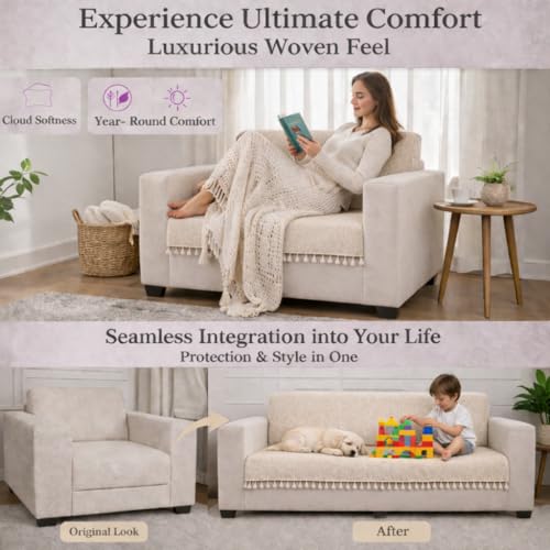 STITCHNEST Beige Chenille Sofa Cover 48x30 Inch – Soft, Durable & Textured Fabric with Tassels | Sofa for Living Room, Bedroom, or Drawing Room - Image 3