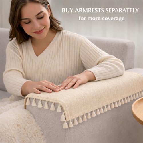 STITCHNEST Beige Chenille Sofa Cover 48x30 Inch – Soft, Durable & Textured Fabric with Tassels | Sofa for Living Room, Bedroom, or Drawing Room - Image 2