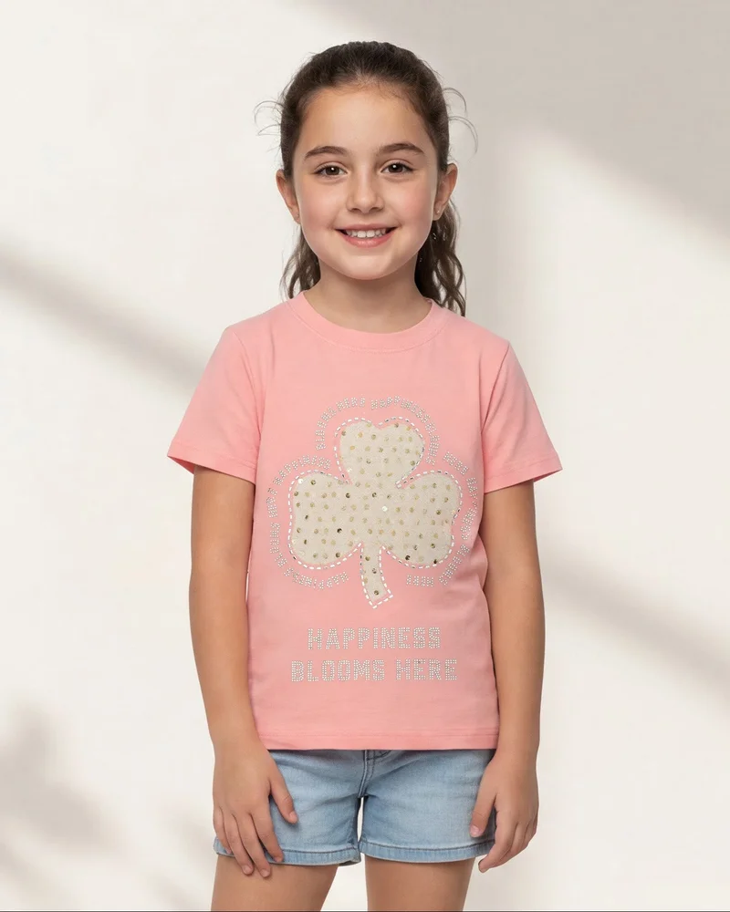 Redtag Girls Pink Embellished T-Shirt