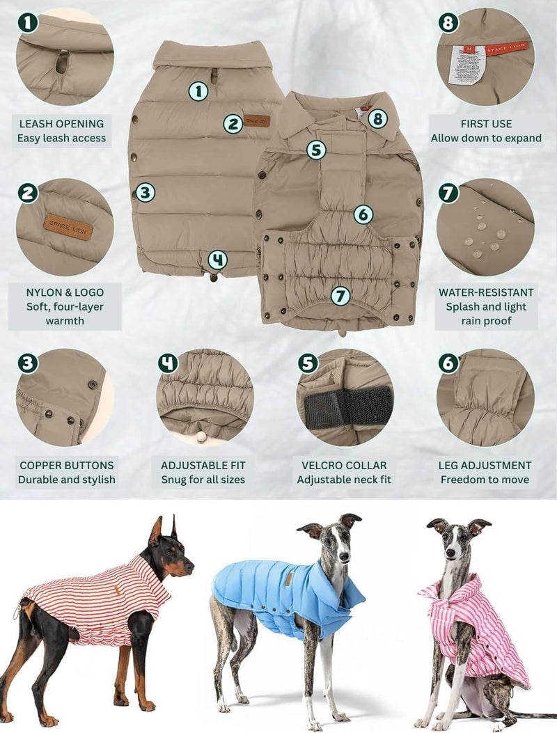 SPACE LION Dog Puffer Jacket, Down Winter Coat, Durable Outdoor Coat for Cold and Windy Conditions, Lightweight & Adjustable Fit Coats for Medium Dogs, (Camel, Size 14 Gift Box) - Image 5