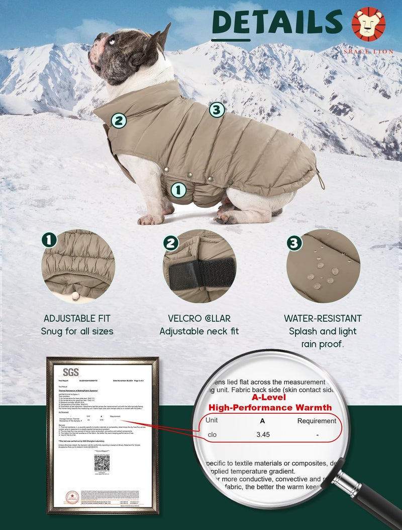 SPACE LION Dog Puffer Jacket, Down Winter Coat, Durable Outdoor Coat for Cold and Windy Conditions, Lightweight & Adjustable Fit Coats for Medium Dogs, (Camel, Size 14 Gift Box) - Image 3