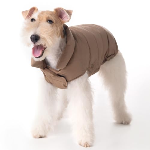SPACE LION Dog Puffer Jacket, Down Winter Coat, Durable Outdoor Coat for Cold and Windy Conditions, Lightweight & Adjustable Fit Coats for Medium Dogs, (Camel, Size 14 Gift Box) - Image 1