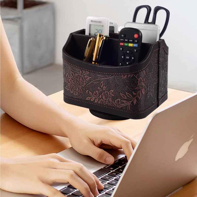 RHCSZ Antique Leather Remote Control Holder 360 Degree Spinning,Desk Rotating Organizer/Caddy for TV Remote Controllers,Pen,Calculator Media Player,DVD,Office Supplies,Mobile Phone Storage Box (Retro) - Image 2