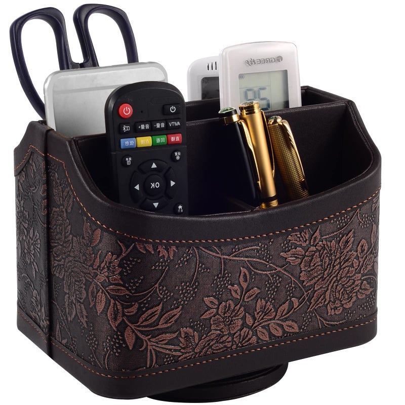 RHCSZ Antique Leather Remote Control Holder 360 Degree Spinning,Desk Rotating Organizer/Caddy for TV Remote Controllers,Pen,Calculator Media Player,DVD,Office Supplies,Mobile Phone Storage Box (Retro) - Image 1