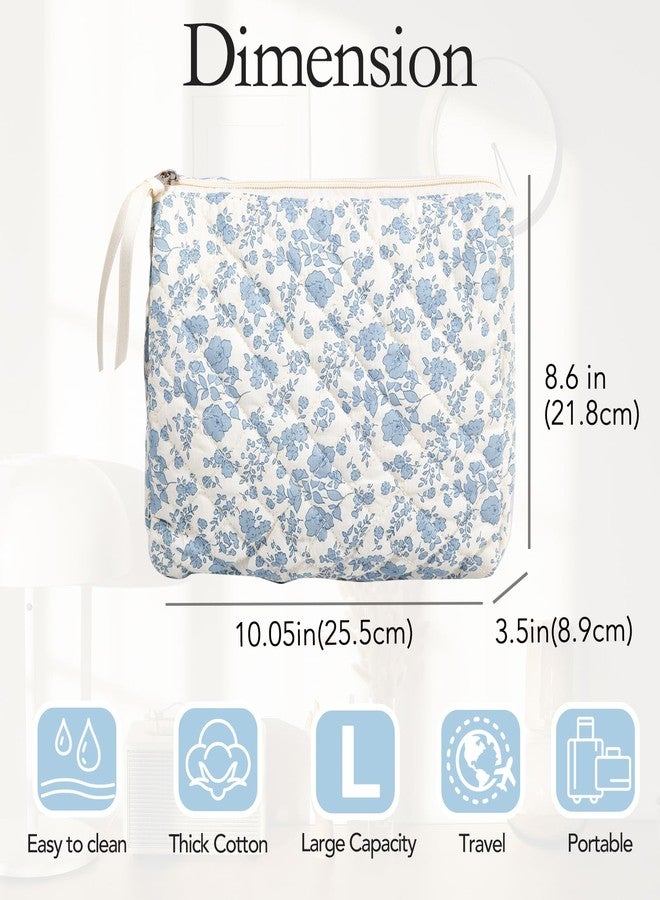 Sminra Makeup Bag Large Travel Quilted Cosmetic Makeup Bag Organizer, Floral Cotton Coquette Aesthetic Toiletry Bag for Women Girls, Blue Floral, Floral - Image 2