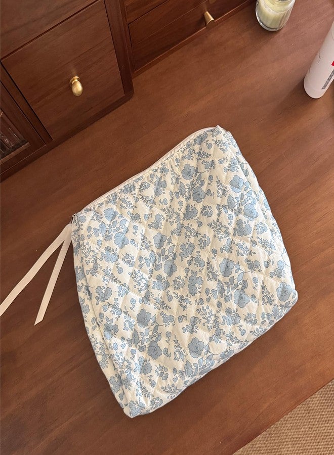 Sminra Makeup Bag Large Travel Quilted Cosmetic Makeup Bag Organizer, Floral Cotton Coquette Aesthetic Toiletry Bag for Women Girls, Blue Floral, Floral - Image 3