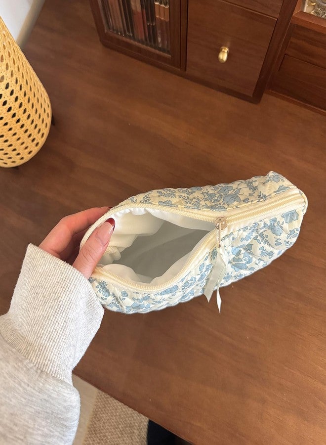 Sminra Makeup Bag Large Travel Quilted Cosmetic Makeup Bag Organizer, Floral Cotton Coquette Aesthetic Toiletry Bag for Women Girls, Blue Floral, Floral - Image 5