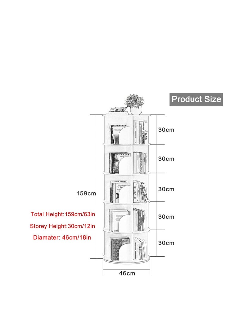 Generic - 5 Tier Rotating Bookshelf High-Density Bookcase Modern 360° Tall Book Shelf Storage Display Rack Floor Standing Shelves with Baffle for Home Living Room Study Office White - Image 1