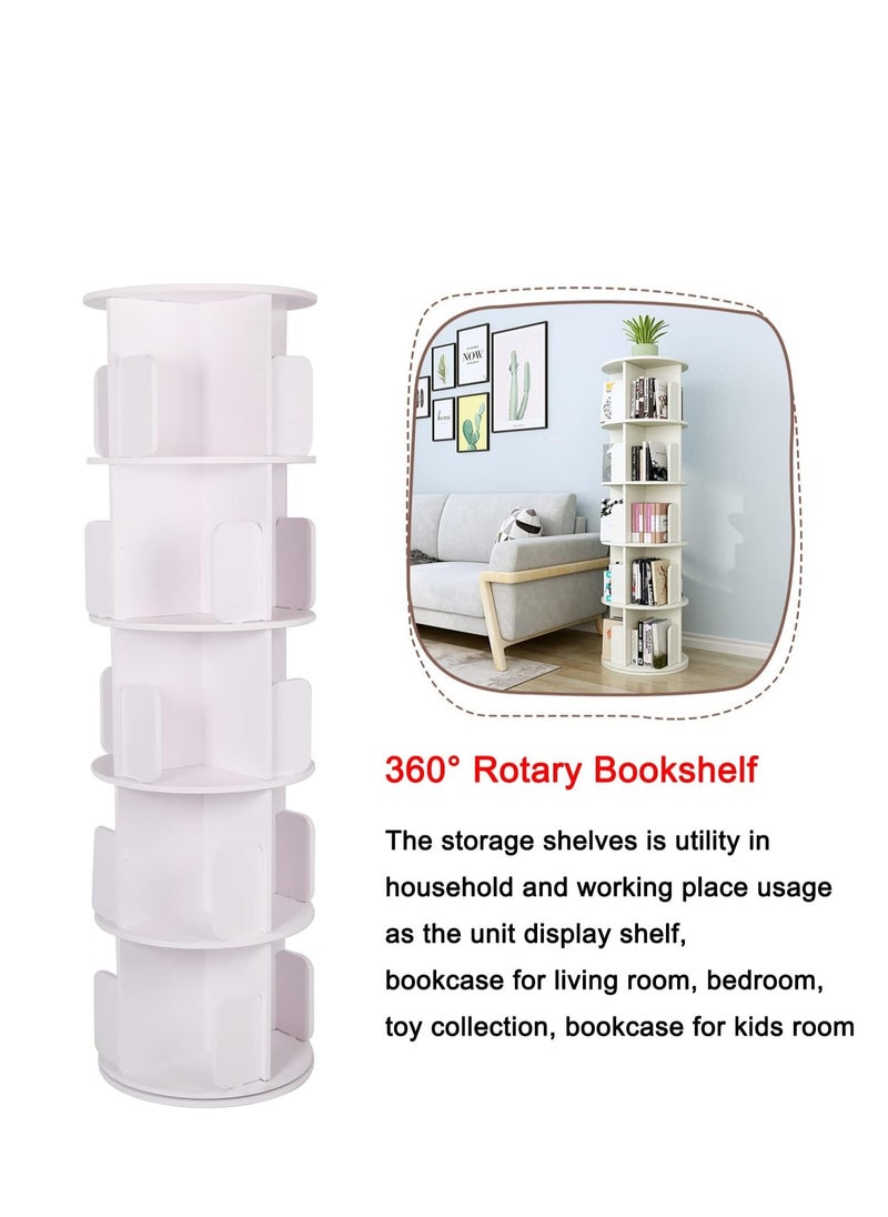 Generic - 5 Tier Rotating Bookshelf High-Density Bookcase Modern 360° Tall Book Shelf Storage Display Rack Floor Standing Shelves with Baffle for Home Living Room Study Office White - Image 1