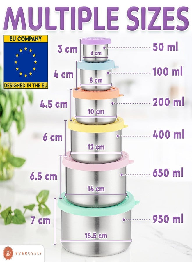 Everusely - Stainless Steel Containers with Lids - Set of 6, Bright Collection - Leakproof Stainless Steel Food Containers - Nesting Snack Holders - Metal Lunch Box - Portable & Reusable Meal Kit - Image 3