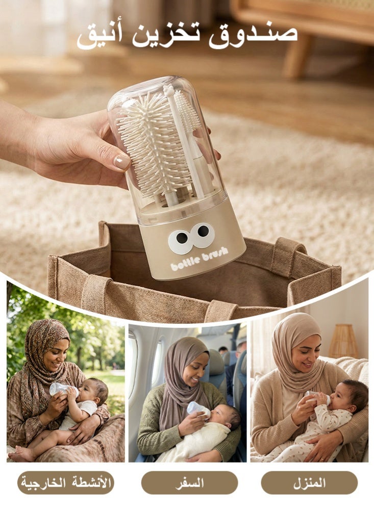 BBMORE Baby Bottle Brush, 5 in 1 Silicone Baby Bottle Cleaning Brush Set Inculde silicone bottle brush,  Nipple Brush, Straw Brush,Drying Rods, storage box - 5 in 1 Bottle Cleaning Tool for Home and Travel, Beige - Image 5
