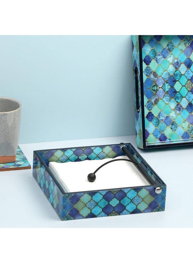 DULI حامل المناديل الموزاييك الأزرق الأنيق من DULI | خشب مهندَس مع طباعة رقمية وطلاء لامع مقاوم للماء (قطرات زرقاء) - Image 1