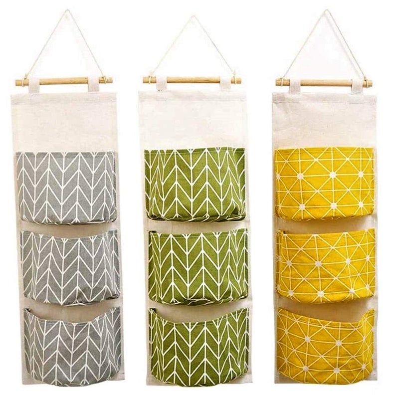 KAHEIGN 3Pcs Wall Hanging Storage Bag 60 x 20cm Stackable 3Layer Hanging Bag  Waterproof Linen Fabric Hanging Wide Pocket Organizer for Bedroom Bathroom Kitchen Office Wardrobe Clothes Rail
