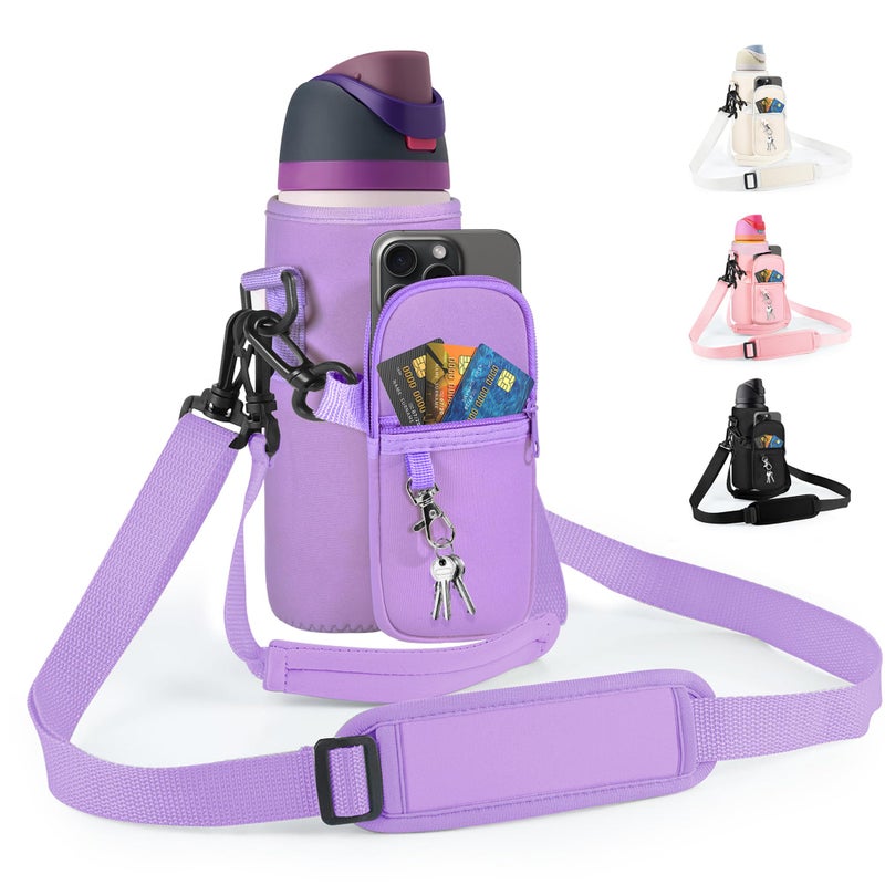 Icesip Water Bottle Carrier Bag with Strap for Owala FreeSip 32oz with Detachable Phone Pocket for Owala Accessories 32oz Water Bottle Sleeve for Walking Camping Gym Purple - Image 1
