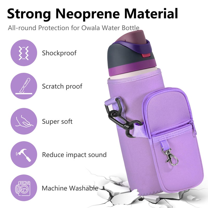 Icesip Water Bottle Carrier Bag with Strap for Owala FreeSip 32oz with Detachable Phone Pocket for Owala Accessories 32oz Water Bottle Sleeve for Walking Camping Gym Purple - Image 3