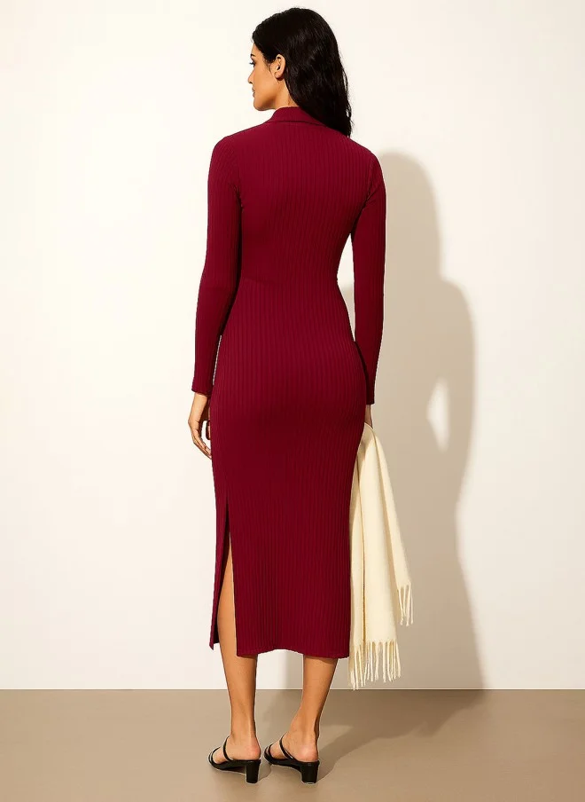 SASSAFRAS Maroon Bodycon Midi Dress For Women