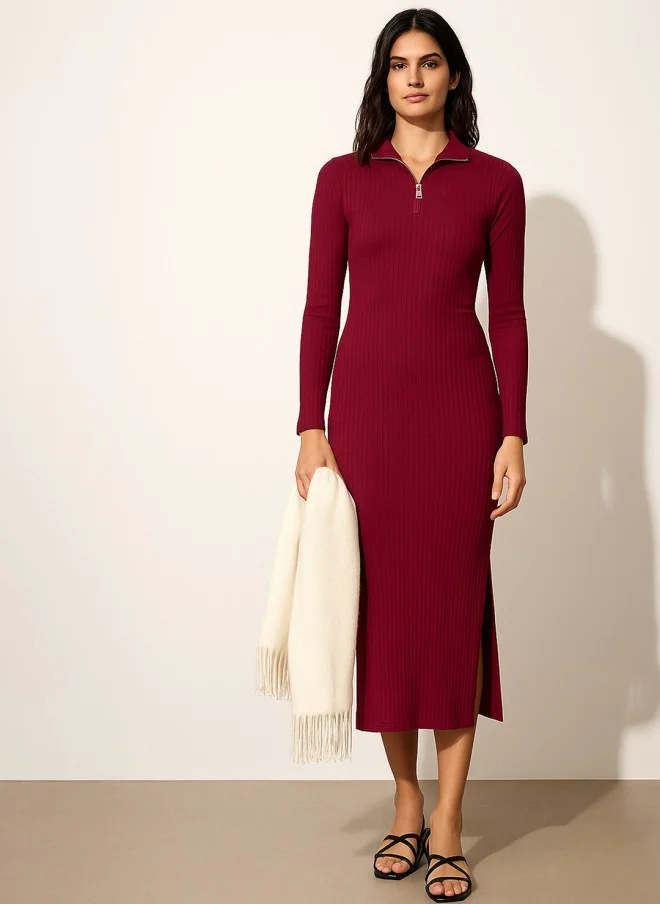 SASSAFRAS Maroon Bodycon Midi Dress For Women