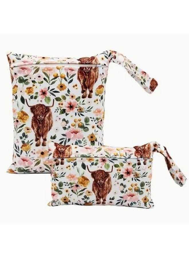 2pc Highland Cow and Flower Print Wet Bag Diaper Bag Makeup Bag Swimsuit Bag Cosmetic Bag  - Image 1