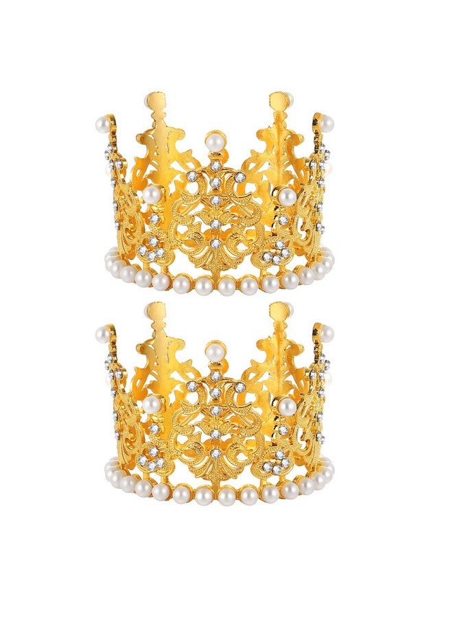 Amosfun 2pcs Mini Crown Cake Topper Pearl Rhinestone Queen Princess Tiara Crown for Birthday Wedding Party Cake Decorations Supplies (Golden) - Image 1