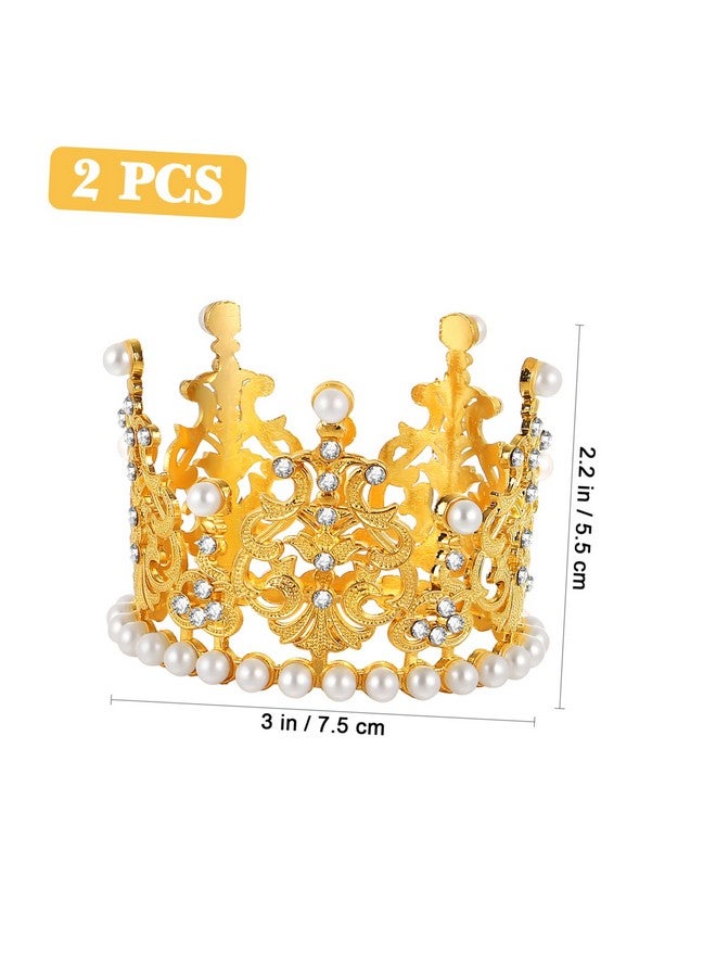 Amosfun 2pcs Mini Crown Cake Topper Pearl Rhinestone Queen Princess Tiara Crown for Birthday Wedding Party Cake Decorations Supplies (Golden) - Image 2