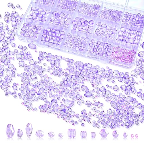 Laopottbeads 1500 Pcs Crystal Glass Beads for Jewelry Making – 12 Styles Bicone, Rondelle, Cube, Teardrop & 3mm Spacer Beads, DIY Bracelet Necklace Earring Craft Kit with Organizer Box(Light Purple) - Image 1