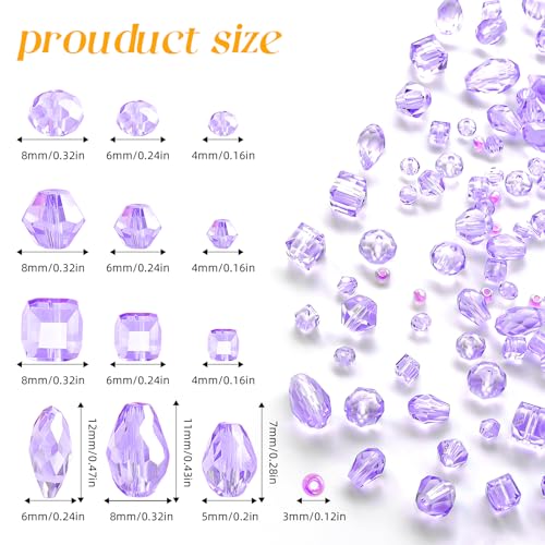 Laopottbeads 1500 Pcs Crystal Glass Beads for Jewelry Making – 12 Styles Bicone, Rondelle, Cube, Teardrop & 3mm Spacer Beads, DIY Bracelet Necklace Earring Craft Kit with Organizer Box(Light Purple) - Image 2