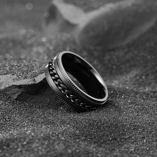 King Will 316L Stainless Steel Fidget Ring for Men Women-8mm Width Black Chain Spinner Ring, Durable Wedding Band with Stress Relief Comfort Fit Fidget Spinner Men's Jewelry Size 10 - Image 3