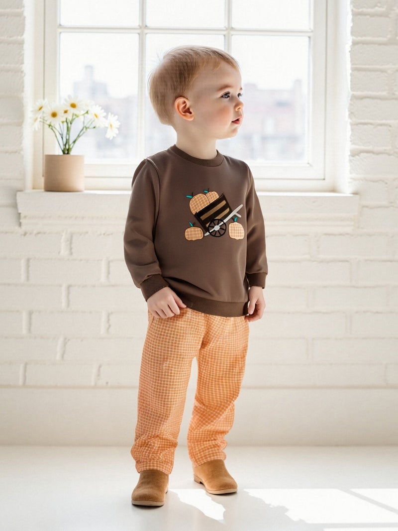 Boys Halloween 2Pcs Pants Sets Long Sleeve O Neck Pumpkin Embroidery Tops Plaid Pants Outfits - Image 2