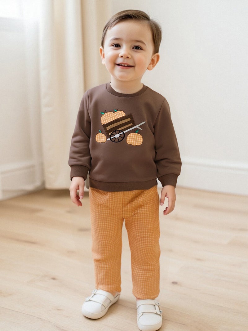 Boys Halloween 2Pcs Pants Sets Long Sleeve O Neck Pumpkin Embroidery Tops Plaid Pants Outfits - Image 1