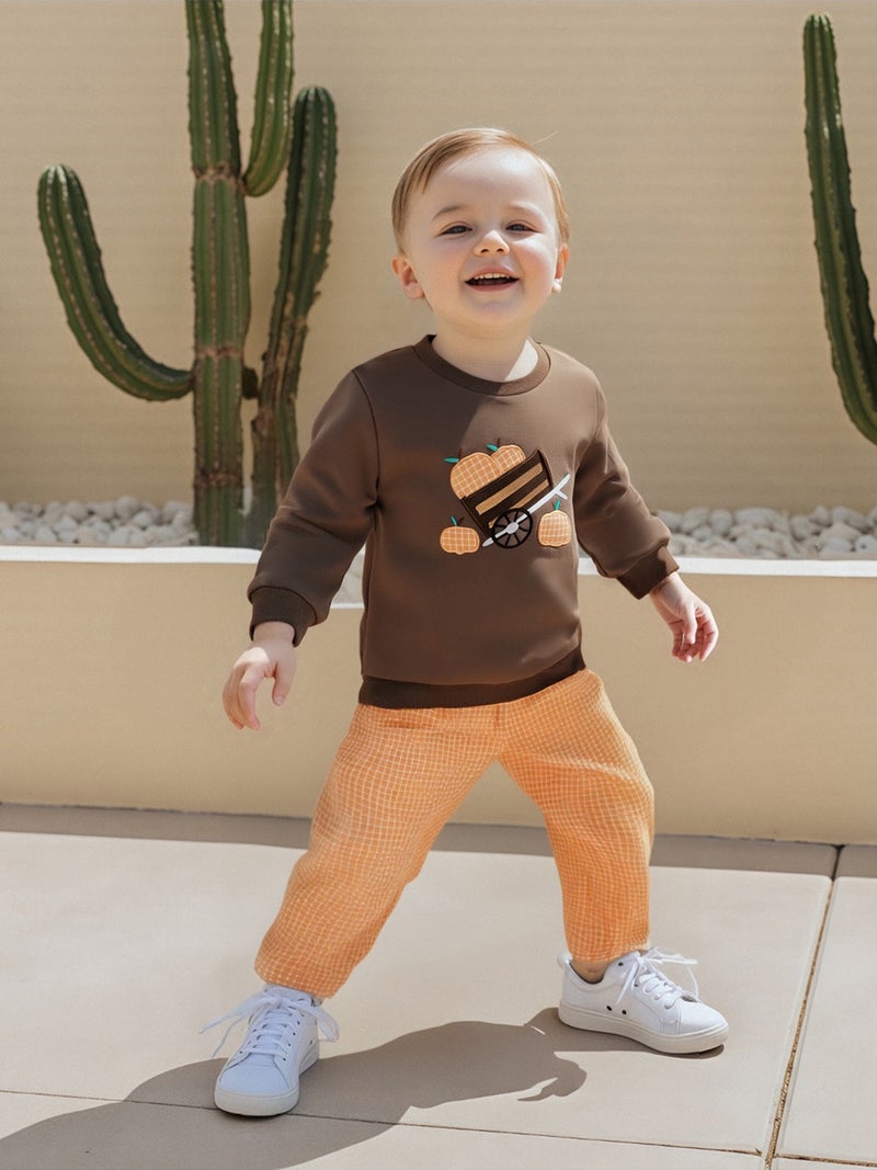 Boys Halloween 2Pcs Pants Sets Long Sleeve O Neck Pumpkin Embroidery Tops Plaid Pants Outfits - Image 3