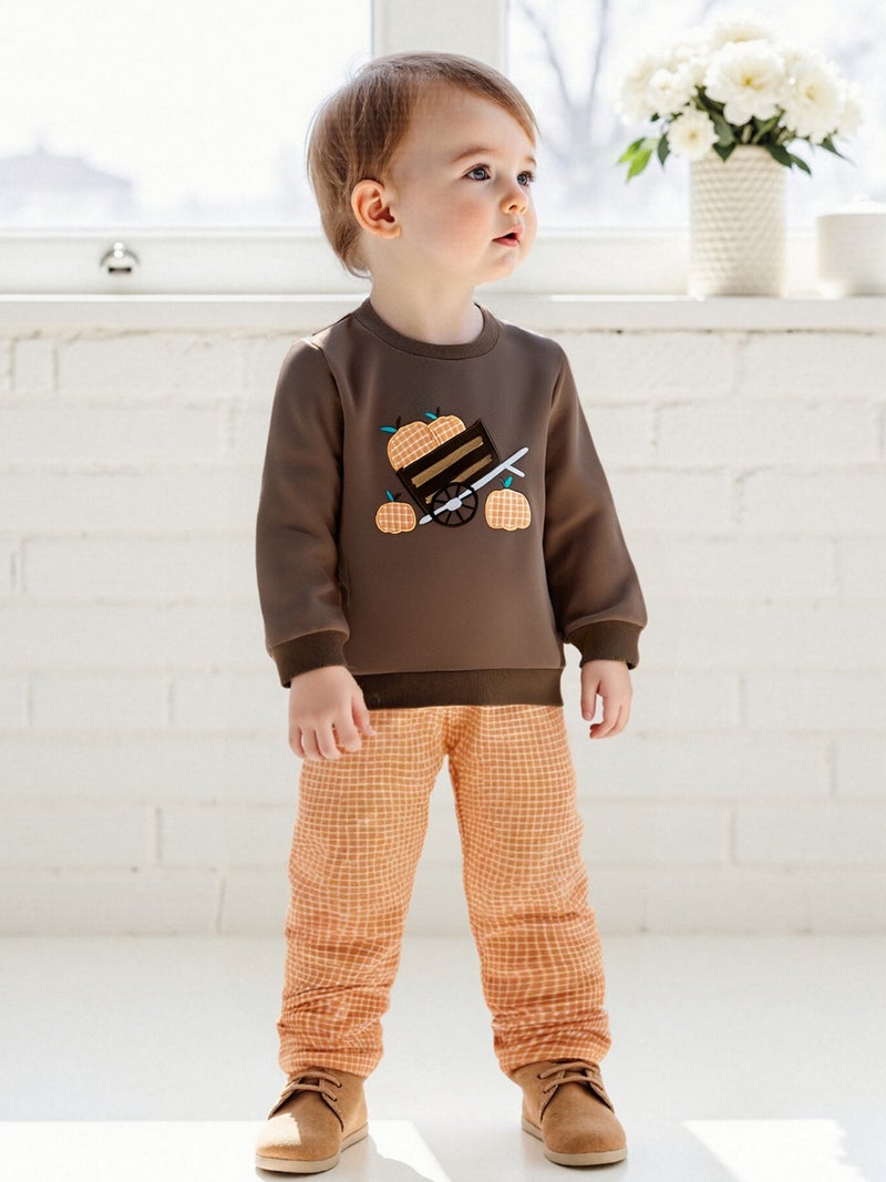 Boys Halloween 2Pcs Pants Sets Long Sleeve O Neck Pumpkin Embroidery Tops Plaid Pants Outfits - Image 5