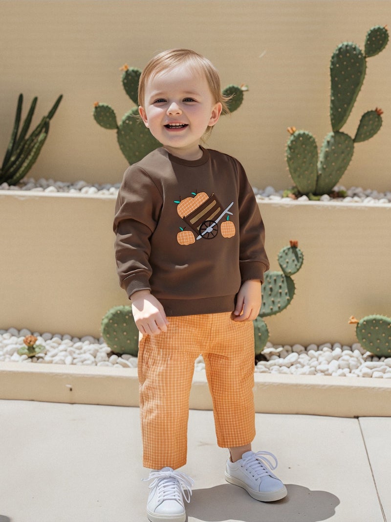 Boys Halloween 2Pcs Pants Sets Long Sleeve O Neck Pumpkin Embroidery Tops Plaid Pants Outfits - Image 4