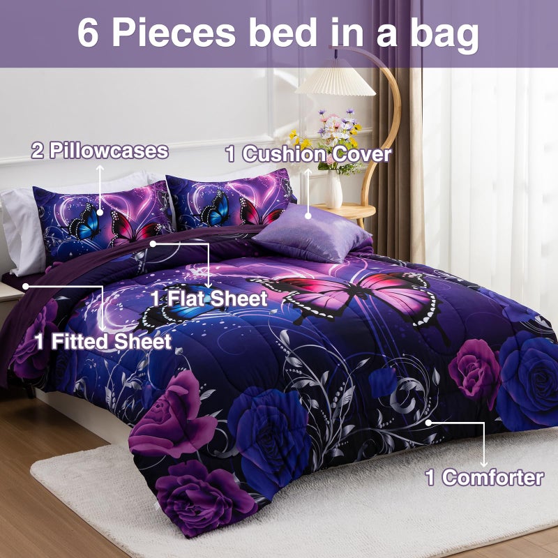 A Nice Night Galaxy 6pcs Bed in a Bag Purple and Blue Dreamy 3D Butterfly Printed, Butterflies Bedding Full Comforter Set, for Girls Kids Teens - Image 2