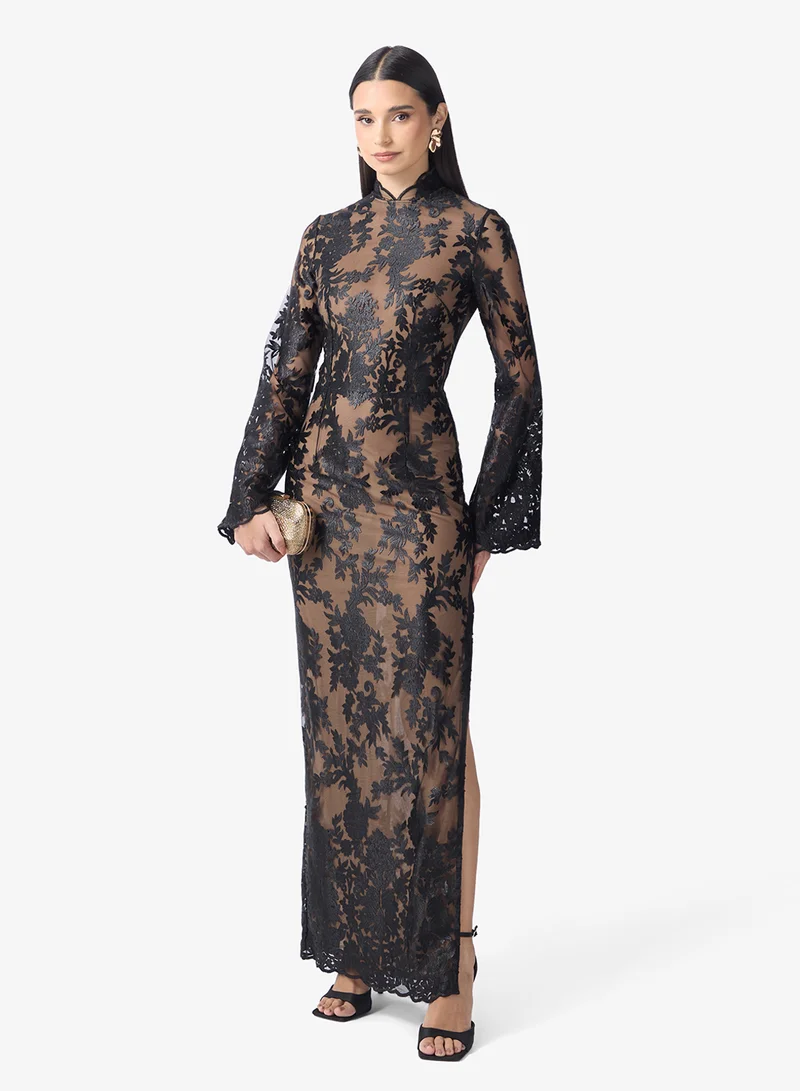 TFNC Mesh Lace Detailed High Neck Flared Sleeve Maxi Dress
